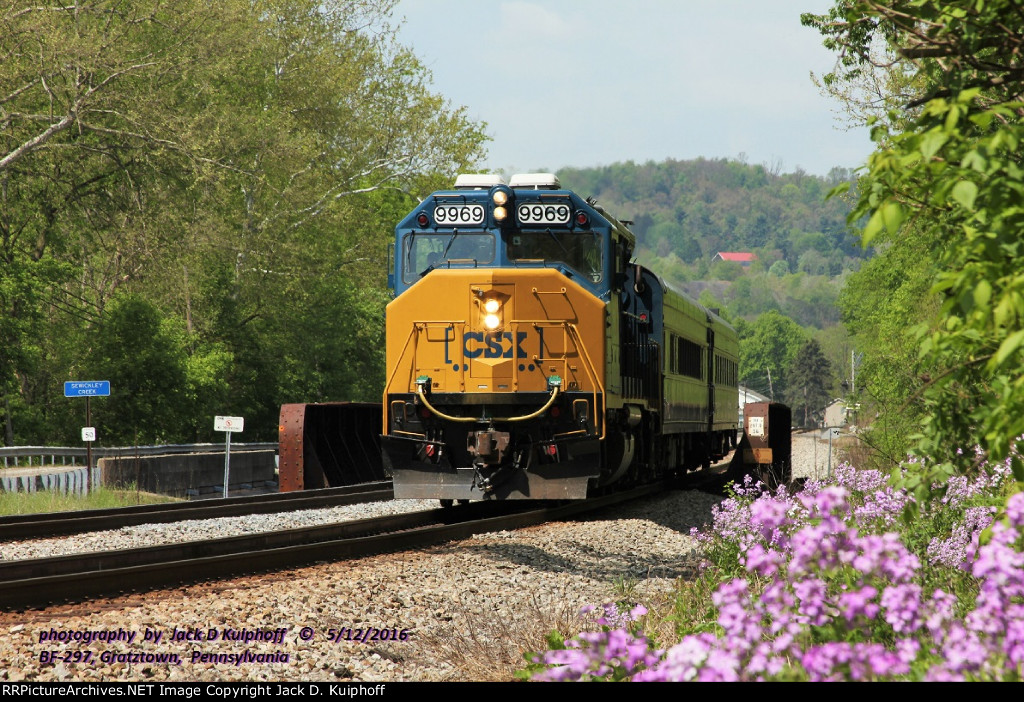 CSX 9969, GP40WH-2, with W004, eastbound on #2 track. Is crossing Sewickley Creek on the CSX Pittsburgh sub at BF-297 Gratztown, Pennsylvania. May 12, 2016. 